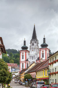 View of marian basilica snd main street in mariazell, austria.