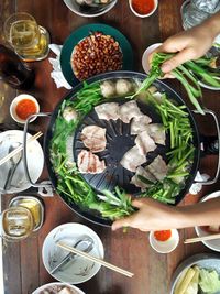 High angle view of preparing food on table