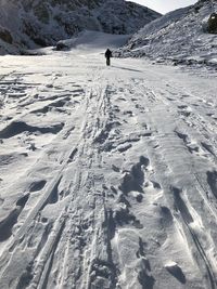 Rear view of man walking on snow covered mountain