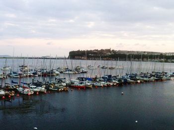 Sailboats moored on harbor against sky