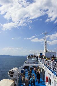 High angle view of people in cruise ship against sky