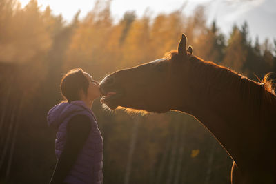 Side view of mid adult woman kissing horse while standing against trees during sunset