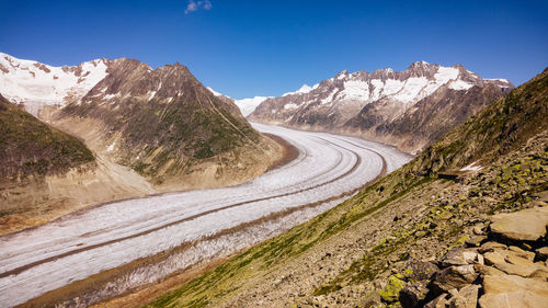 Scenic view of snowcapped mountains against clear sky