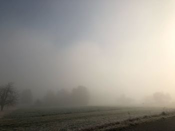 Scenic view of field against sky during foggy weather