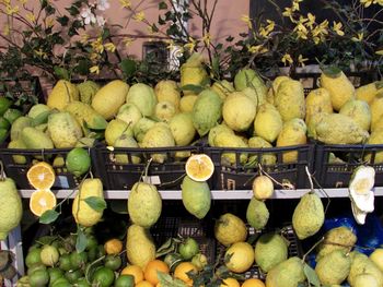 View of fruits hanging in market stall