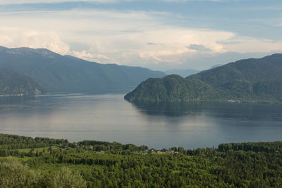 Scenic view of river and mountains against sky