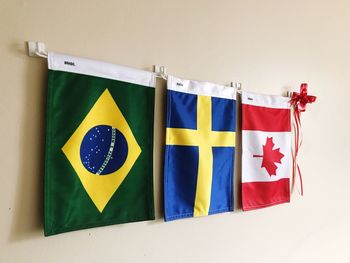 Flags hanging against wall