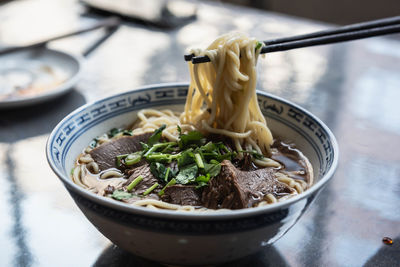 Close-up of a noodle soup in bowl