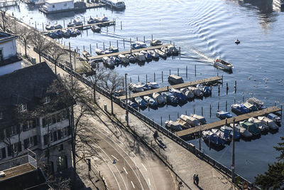 High angle view of boats moored in lake zurich