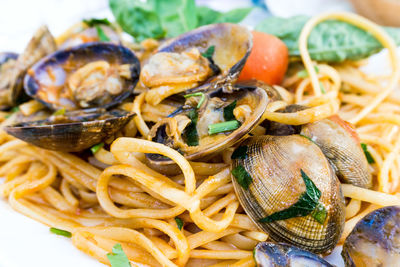 Close-up of seafood pasta