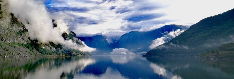 Panoramic view of lake and mountains against sky