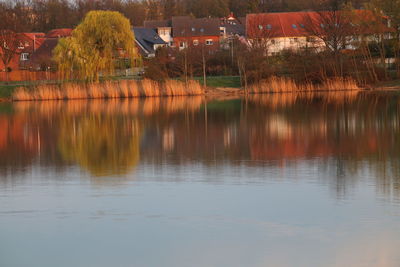 Reflection of trees and buildings on lake