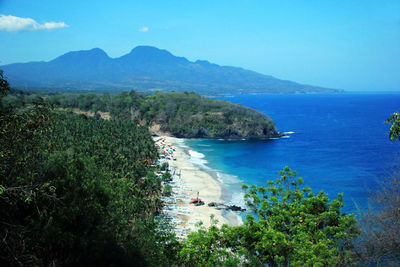 High angle view of bay against sky