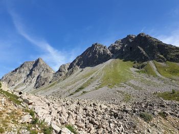 Scenic view of mountains against blue sky