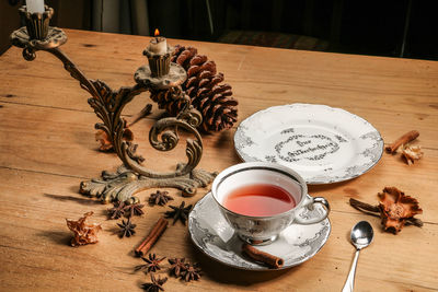 High angle view of tea cup on table