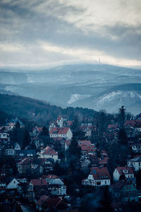 High angle shot of townscape against sky