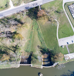 High angle view of trees on field against sky