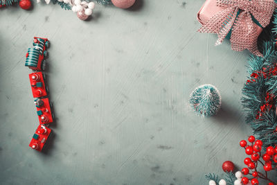 High angle view of christmas decoration on table