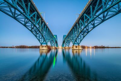 Low angle view of bridge over river against clear sky during sunset