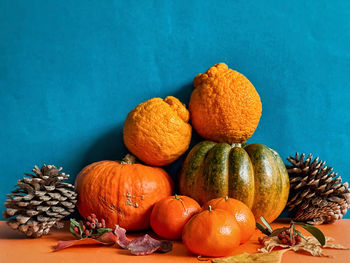 High angle view of pumpkins on table