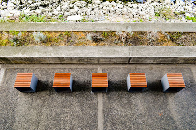 High angle view of colorful train on railroad track