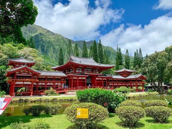 Panoramic view of temple building against cloudy sky