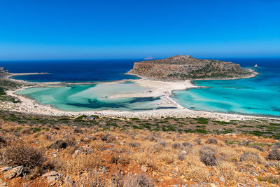 Scenic view of sea against clear blue sky