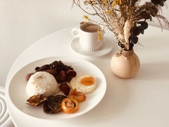 High angle view of food in plate on table