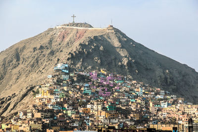 Panoramic view of buildings and mountains against clear sky