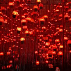 Illuminated lanterns hanging at night