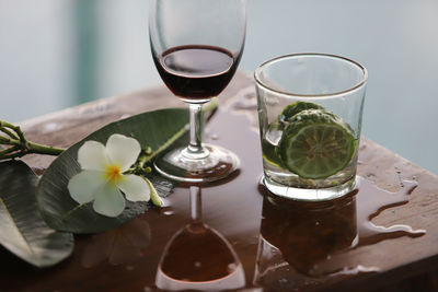 Close-up of beer in glass on table