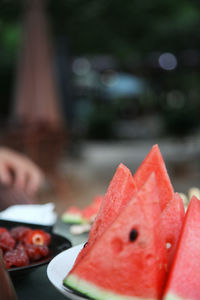 Close-up of strawberry slice in plate on table