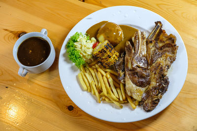 High angle view of meal served on table