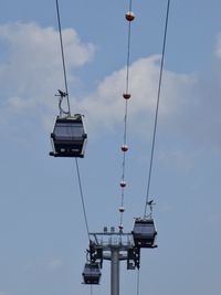 Low angle view of overhead cable car against sky