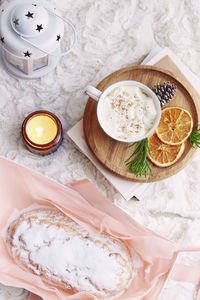 High angle view of breakfast on table