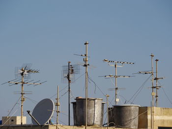 Low angle view of antenna against clear sky