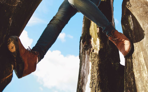 Low section of man holding tree trunk against sky