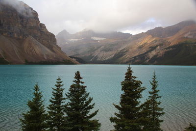 Scenic view of lake and mountains against sky