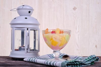 Close-up of drink on glass table