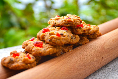 Close-up of cookies on window sill