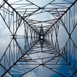 Low angle view of electricity pylon against sky