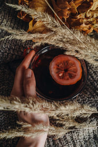 Female hand holding a cup of hot tea with lemon and dry plant on a knitted warm fabric