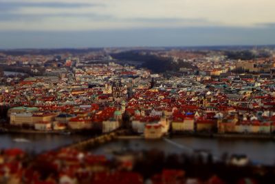 High angle shot of townscape against sky