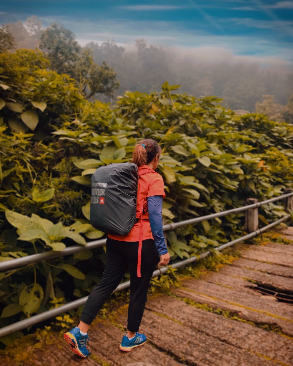 full length, real people, lifestyles, leisure activity, one person, casual clothing, nature, rear view, plant, day, railing, adult, women, beauty in nature, growth, sport, young adult, outdoors, walking, hood - clothing