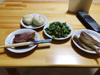 Close up of food on wooden table