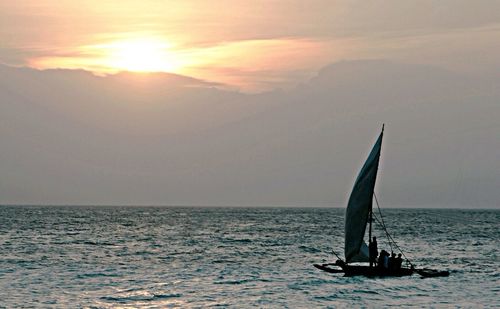 Sailboat sailing in sea at sunset