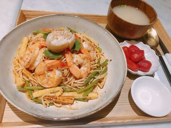 High angle view of food in plate on table