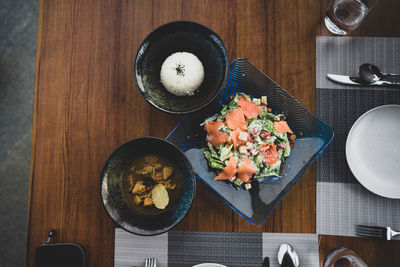 Directly above shot of sushi served on table