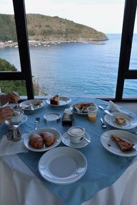 High angle view of breakfast on table