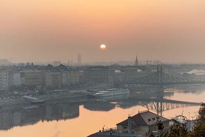 Buildings by river in city during sunset